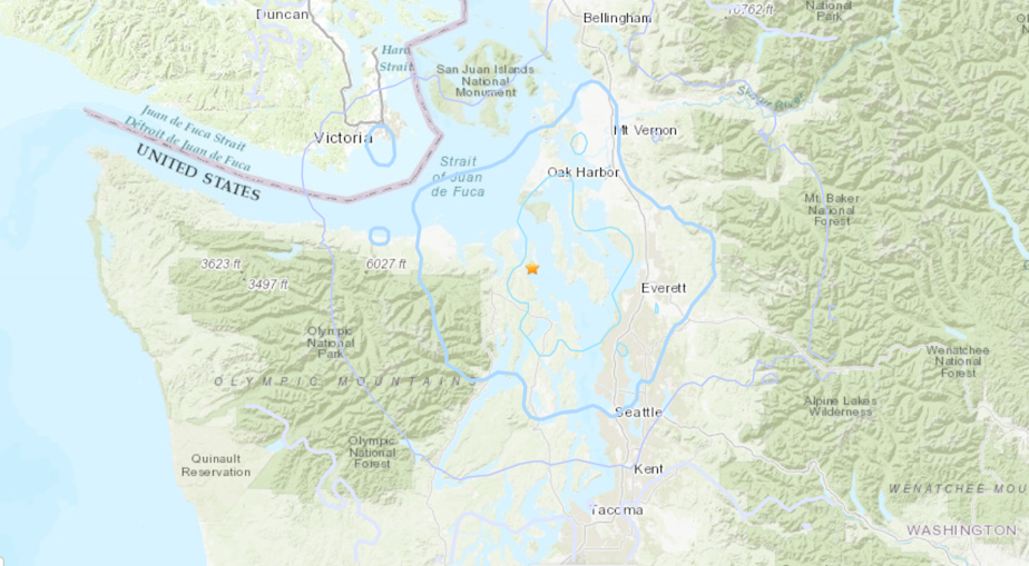 caption: An earthquake, rated 4.3, rattled the broader Seattle area on the evening of Sunday, October 8, 2023. The earthquake center was east of Port Townsend on the Olympic Peninsula.
