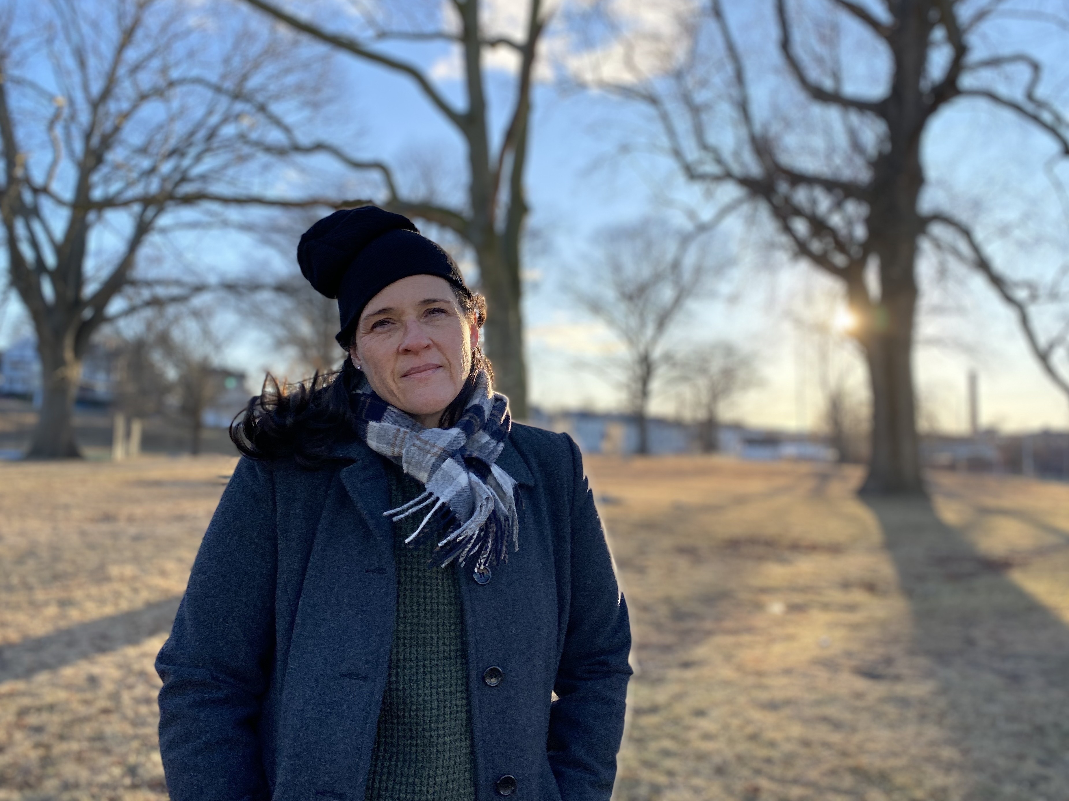 caption: <em>Author Kate Winkler Dawson, at the former site of the Durfee Farm in Fall River, Mass.</em>