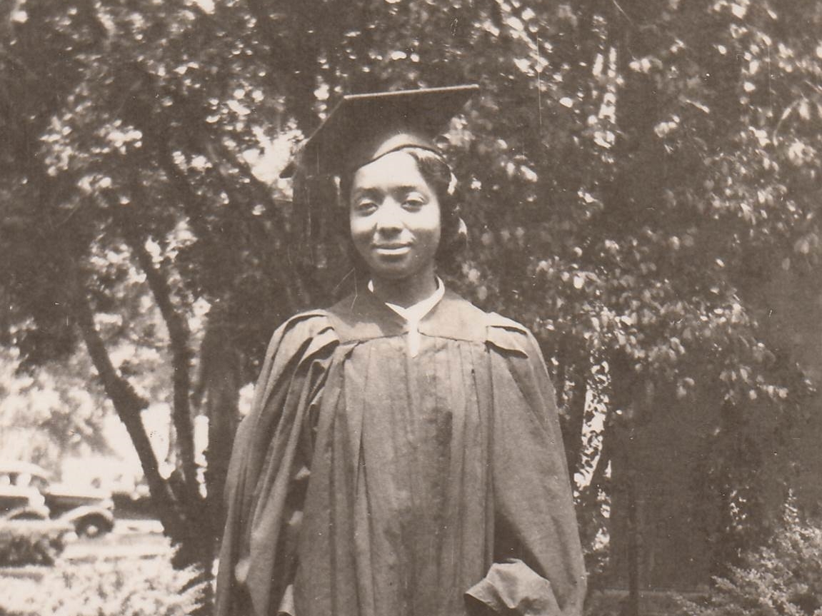 caption: Renfrow Smith in her cap and gown the day she graduated from Grinnell College in 1937.