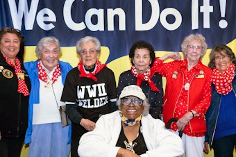 caption: "Rosies" — including Jeanne Gibson and Marian Sousa — are pictured at the Rosie the Riveter National Historical Park's "Riveter Days" in Richmond, Calif., in March 2023.