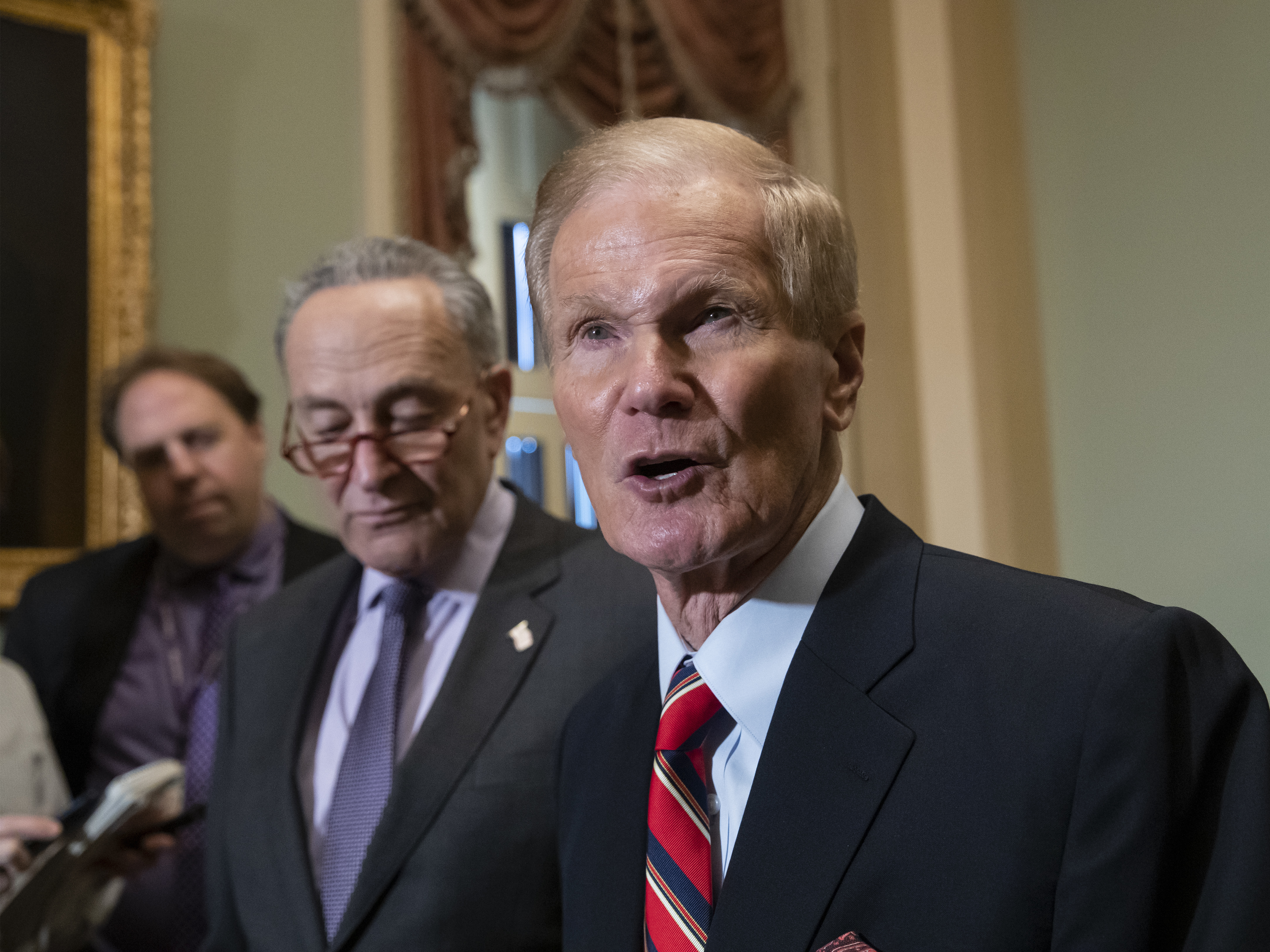caption: Then-Sen. Bill Nelson, D-Fla., with Sen. Chuck Schumer at the U.S. Capitol in 2018. Nelson has been chosen to lead NASA.