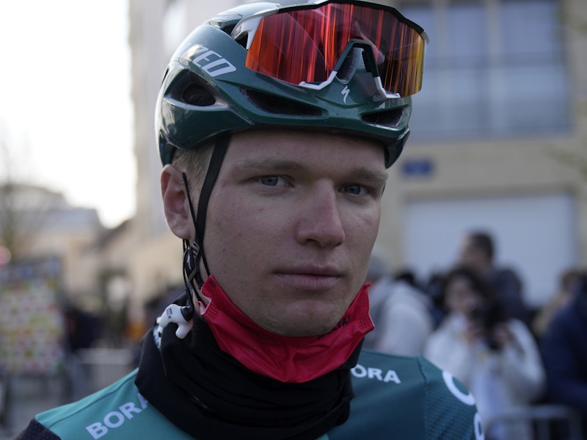 caption: Cyclist Aleksandr Vlasov was leading the Tour de Suisse before a positive coronavirus test forced him to abandon the race — a fate shared by many other riders. Vlasov is seen here in March, at the Paris-Nice race.