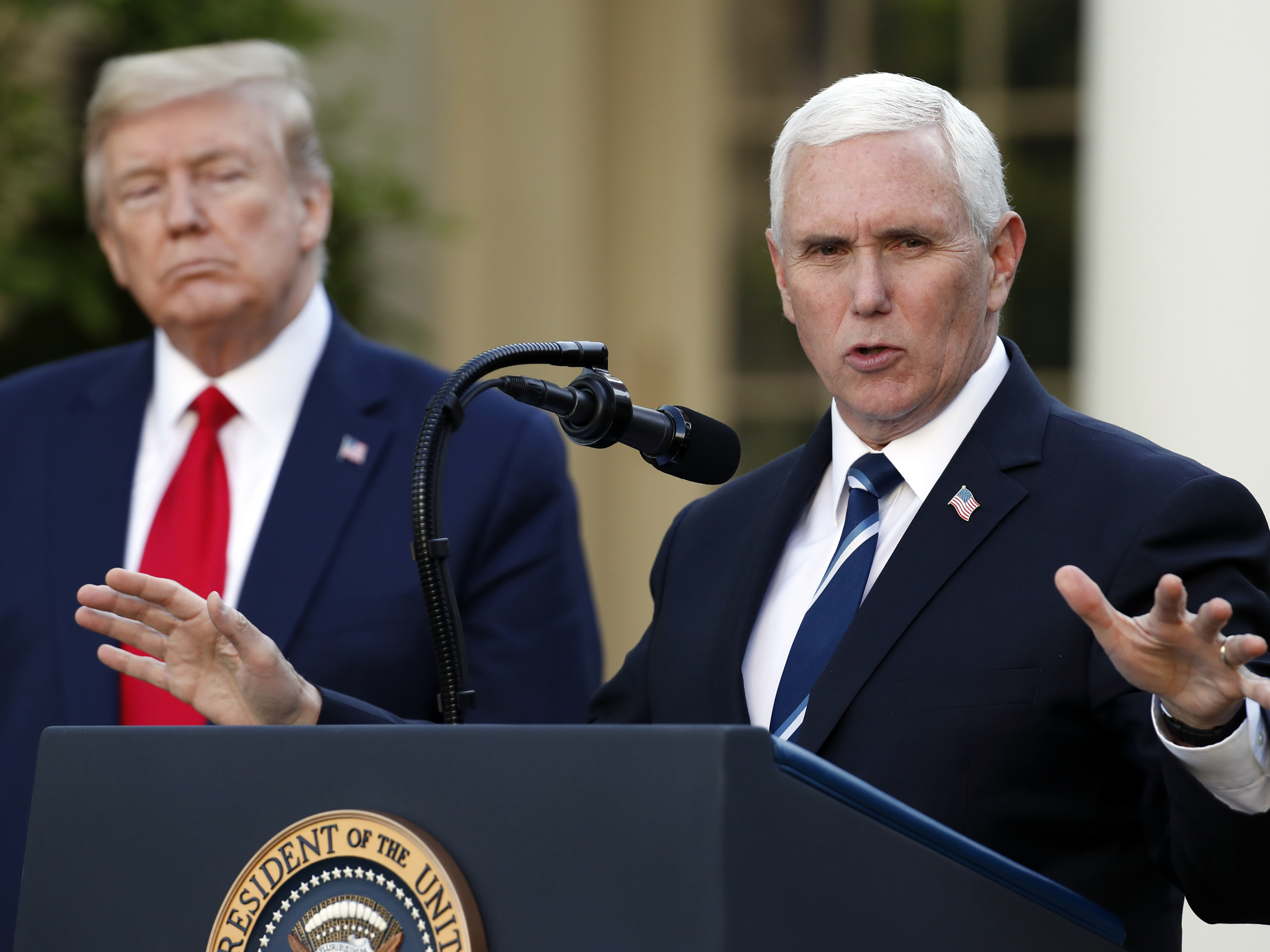 caption: Vice President Pence joined President Trump on Monday to announce a federal "blueprint" to help states ramp up their testing of the virus.