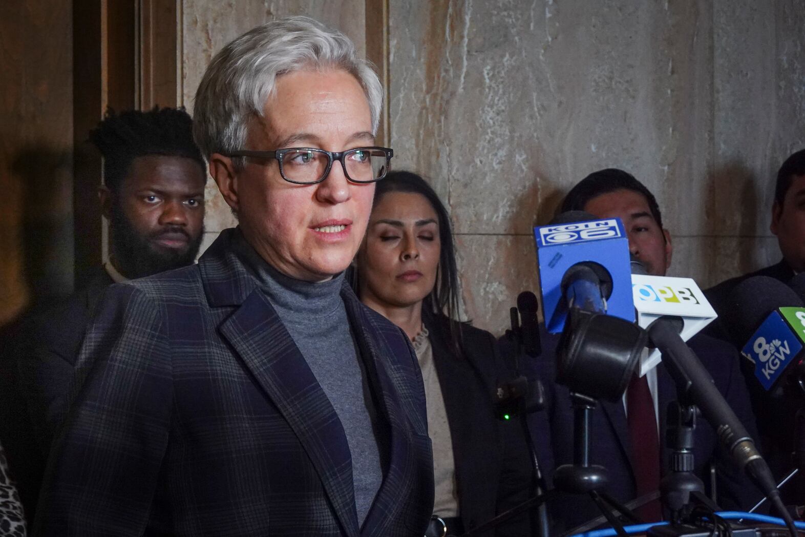 caption: Gov. Tina Kotek speaks at a press conference in Salem, Ore. on Saturday, Jan. 24, 2026.

