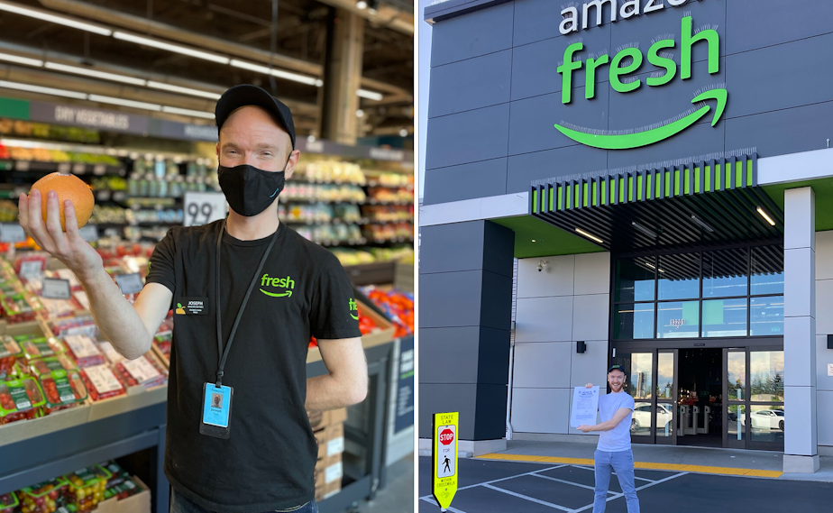caption: Joseph Fink inside the AmazonFresh store where he used to work (left) and outside this week with the notice of rights Amazon agreed to post in the store.