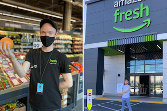 caption: Joseph Fink inside the AmazonFresh store where he used to work (left) and outside this week with the notice of rights Amazon agreed to post in the store.