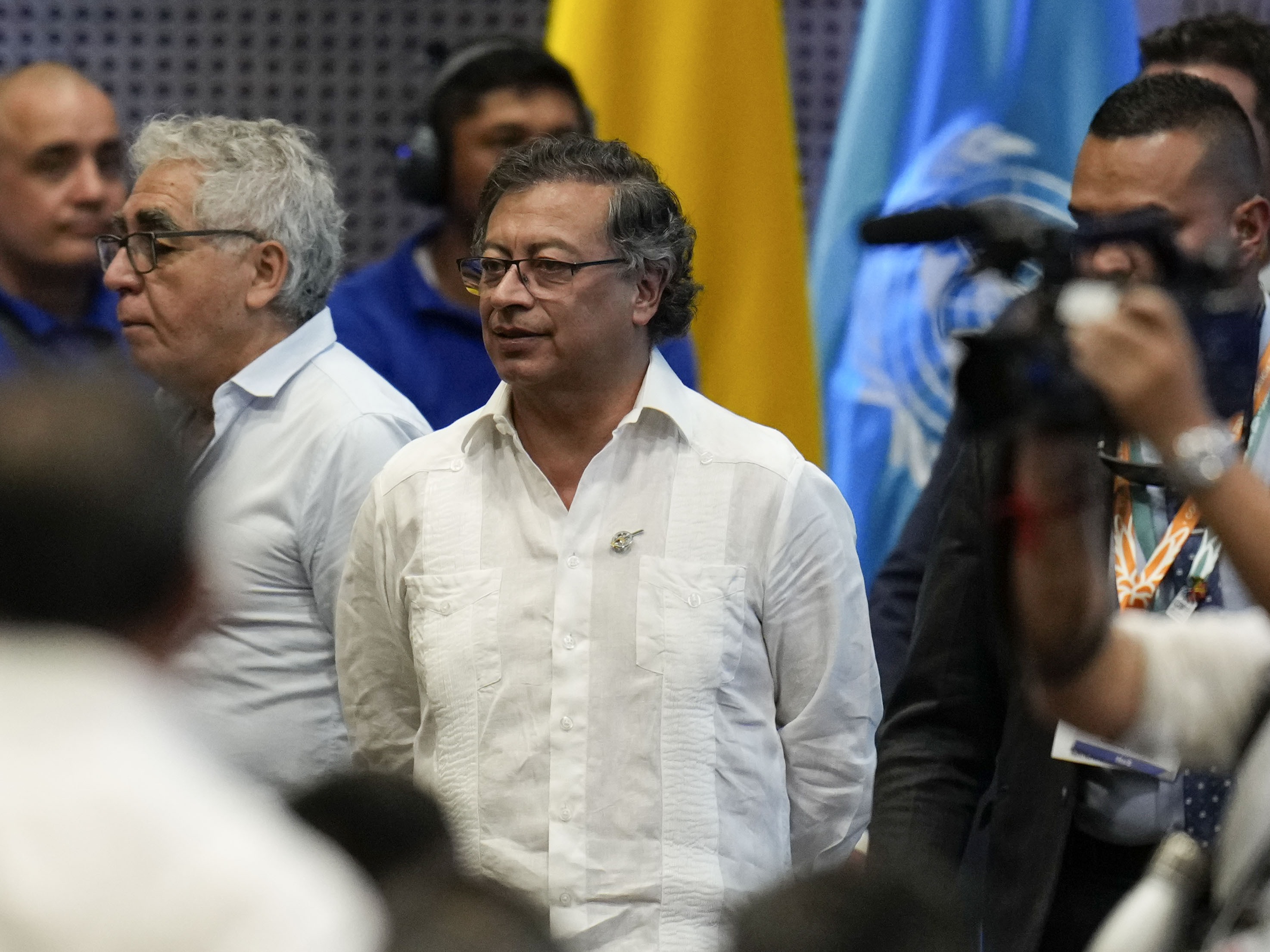caption: Colombia's President Gustavo Petro arrives at the opening ceremony of COP16, a United Nations' biodiversity conference, in Cali, Colombia, Oct. 20, 2024.