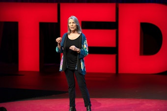 caption: Robin Steinberg on the TED stage.