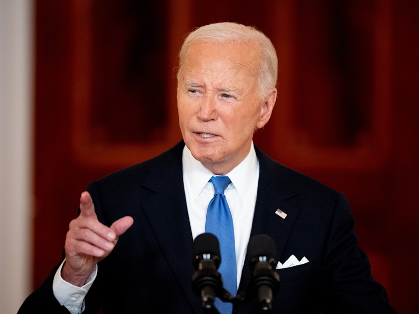 caption: President Biden gives remarks on the Supreme Court decision on presidential immunity at the White House on July 1.