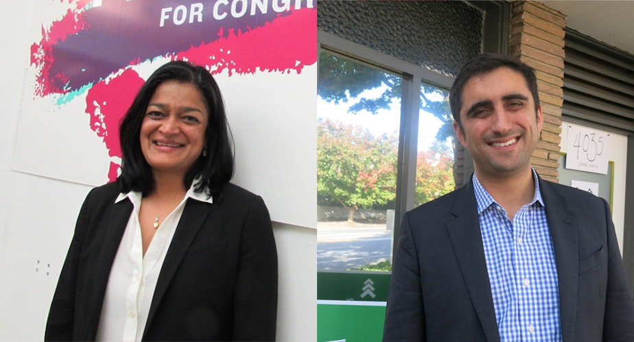caption: Pramila Jayapal and Brady Walkinshaw agree on the issues for the most part. Walkinshaw notes that his contributions come mostly from within Washington state; Jayapal rebuts that she is running for national office.