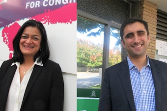 caption: Pramila Jayapal and Brady Walkinshaw agree on the issues for the most part. Walkinshaw notes that his contributions come mostly from within Washington state; Jayapal rebuts that she is running for national office.