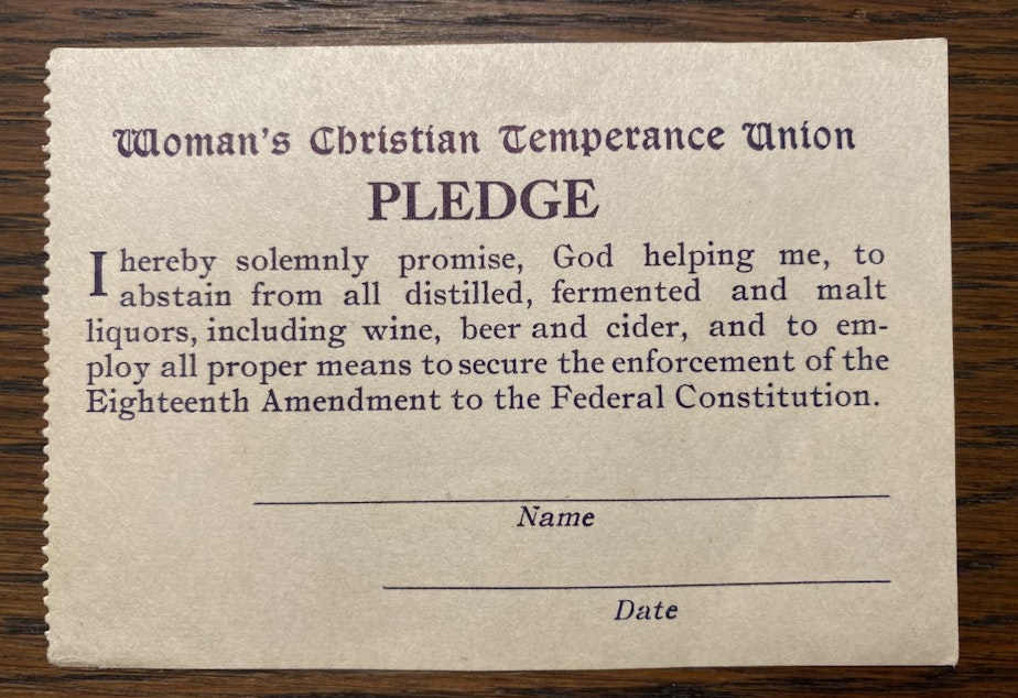 caption: This is a blank pledge card promising to abstain from drinking alcohol. Cards were distributed by groups like the Woman's Christian Temperance Union.