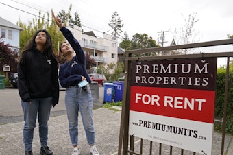 caption: College students Sanaa Sodhi, right, and Cheryl Tugade look for apartments in Berkeley, Calif. in March of this year.