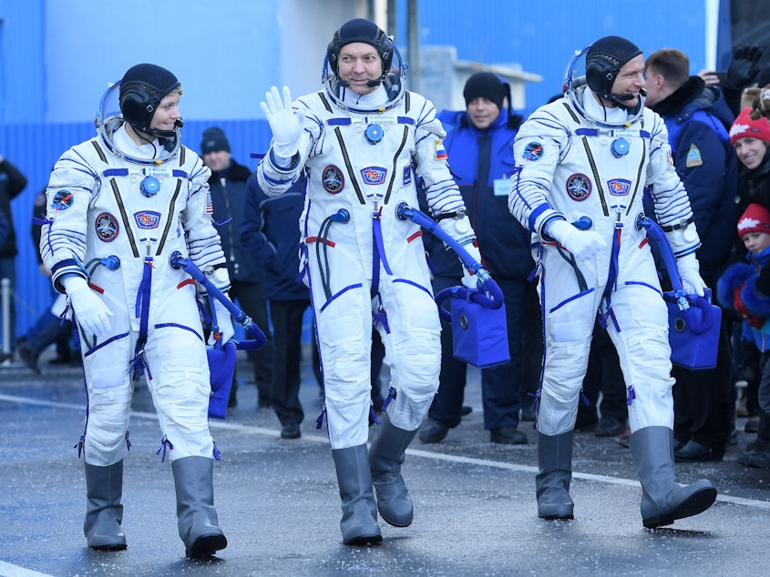 caption: NASA astronaut Anne McClain (from left), Russian cosmonaut Oleg Kononenko and David Saint-Jacques of the Canadian Space Agency successfully blasted into space on Monday morning. It is the first mission since an aborted launch in October.