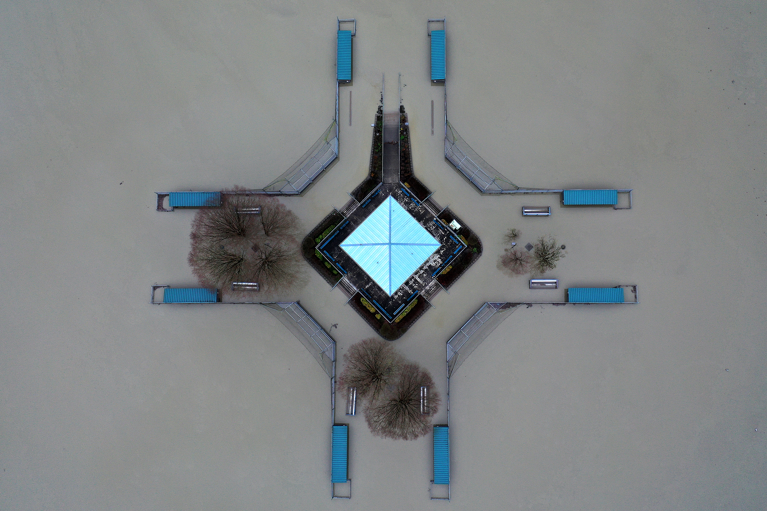 caption: An aerial view of a flooded baseball field is shown on Thursday, December 11, 2025, at Skykomish River Park in Monroe. 