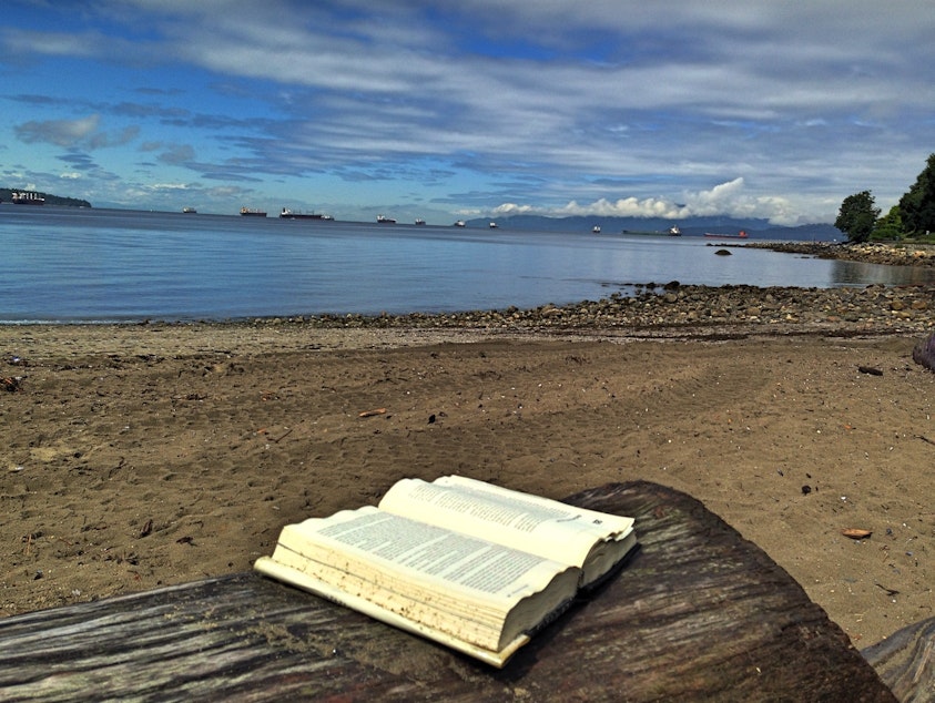 caption: A book spoted on a log in English Bay 