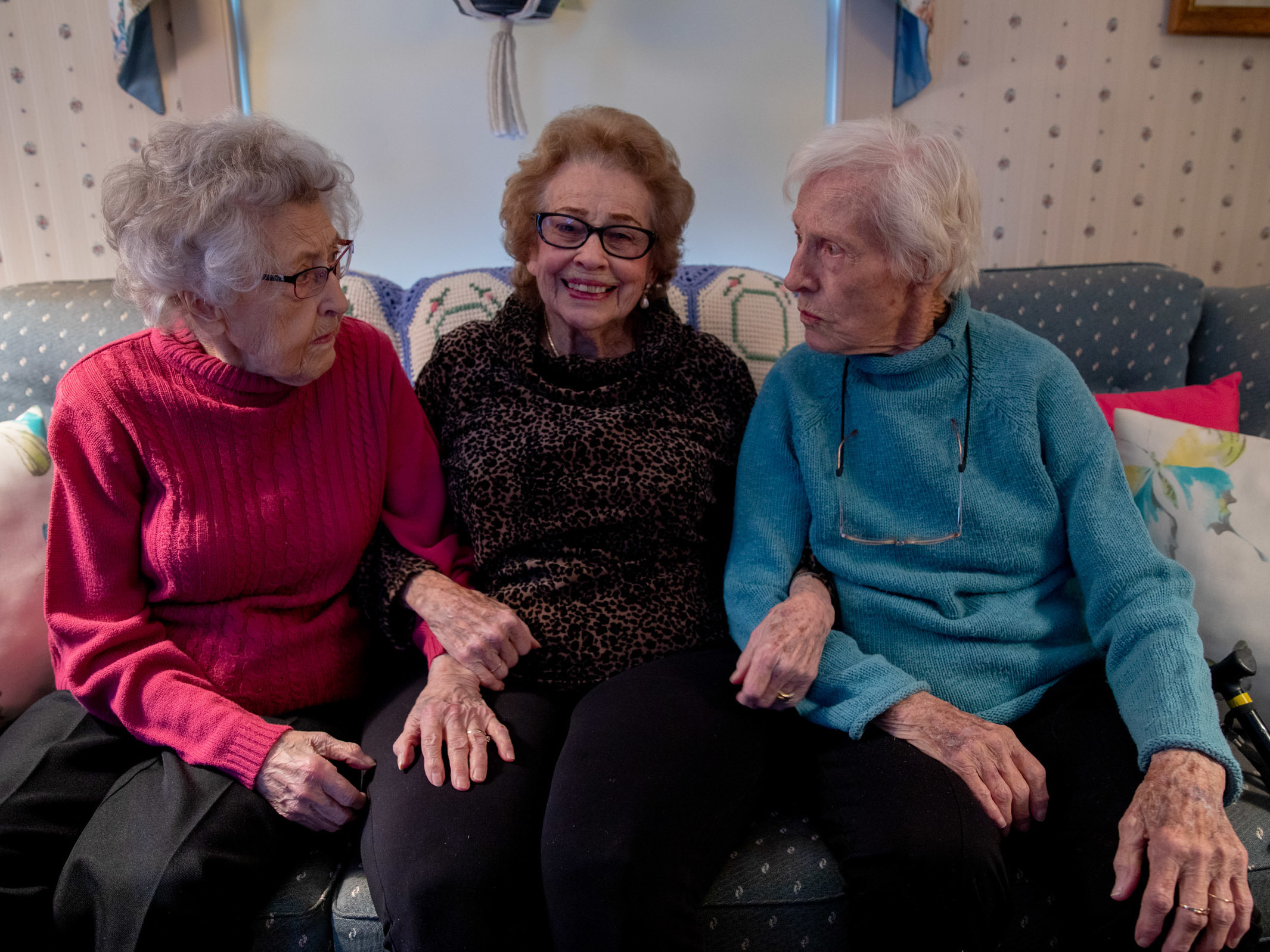 caption: Dorothy Buchanan, Dorothy Murray and Dorothy Kern — who call themselves "the three Dots" — grew up in the same hometown and celebrated their 100th birthdays together this year.