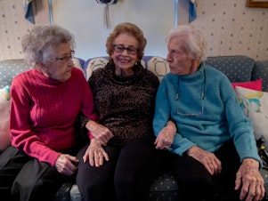 caption: Dorothy Buchanan, Dorothy Murray and Dorothy Kern — who call themselves "the three Dots" — grew up in the same hometown and celebrated their 100th birthdays together this year.