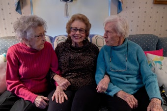 caption: Dorothy Buchanan, Dorothy Murray and Dorothy Kern — who call themselves "the three Dots" — grew up in the same hometown and celebrated their 100th birthdays together this year.