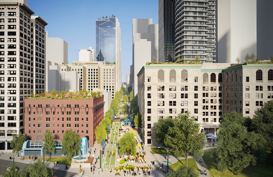 caption: A rendering (by architecture firm NBBJ) showing Third Avenue as a pedestrianized street