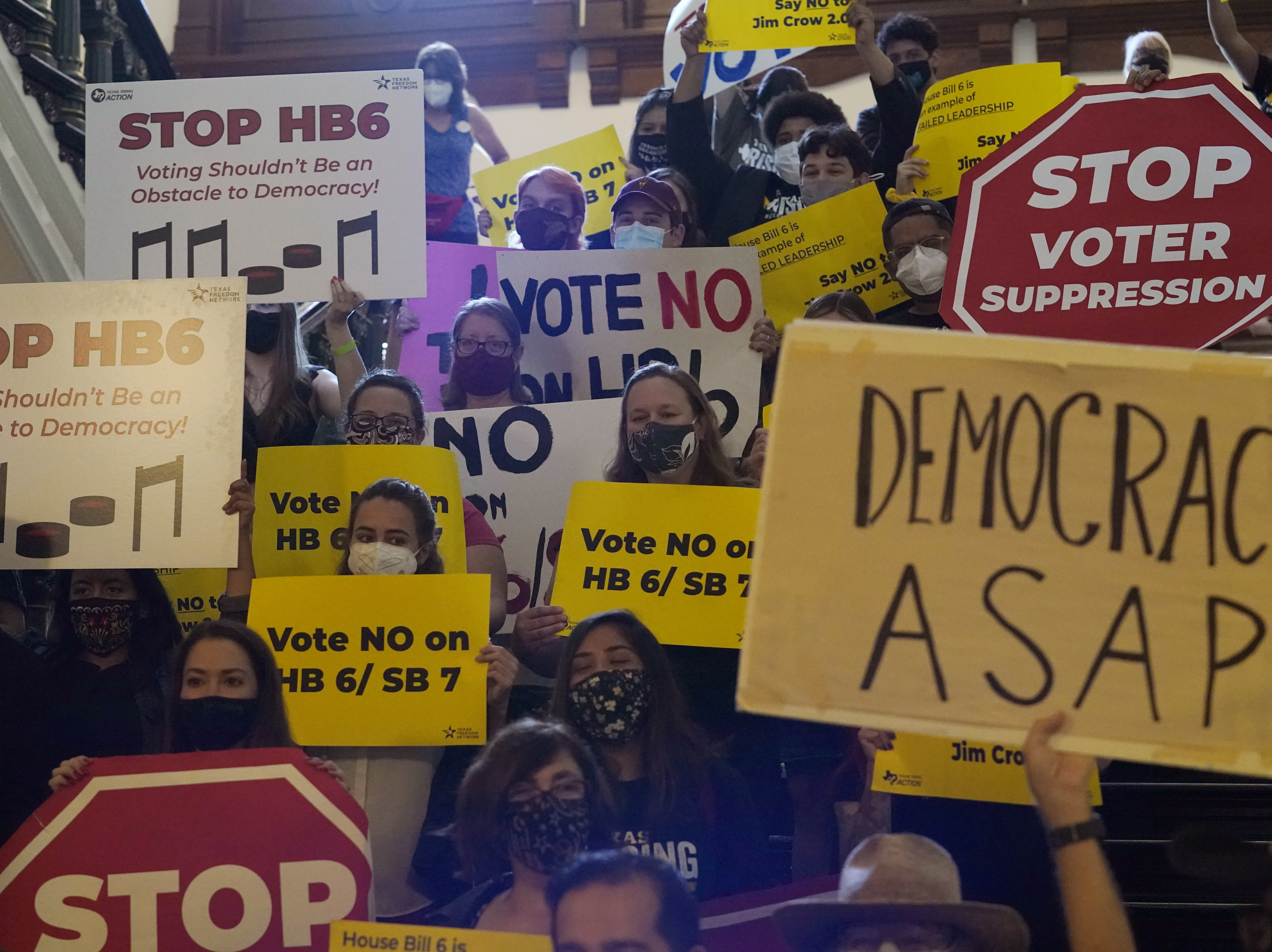 caption: In this May 6, 2021 file photo, a group opposing new voter legislation gather outside the House Chamber at the Texas Capitol in Austin. Texas Republicans dug in Saturday, for a final weekend vote on some of the most restrictive new voting laws in the U.S., finalizing a sweeping bill.