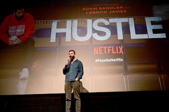 caption: Jeremiah Zagar speaks onstage during Netflix's <em>Hustle</em> Philadelphia special screening on June 7 in Philadelphia.