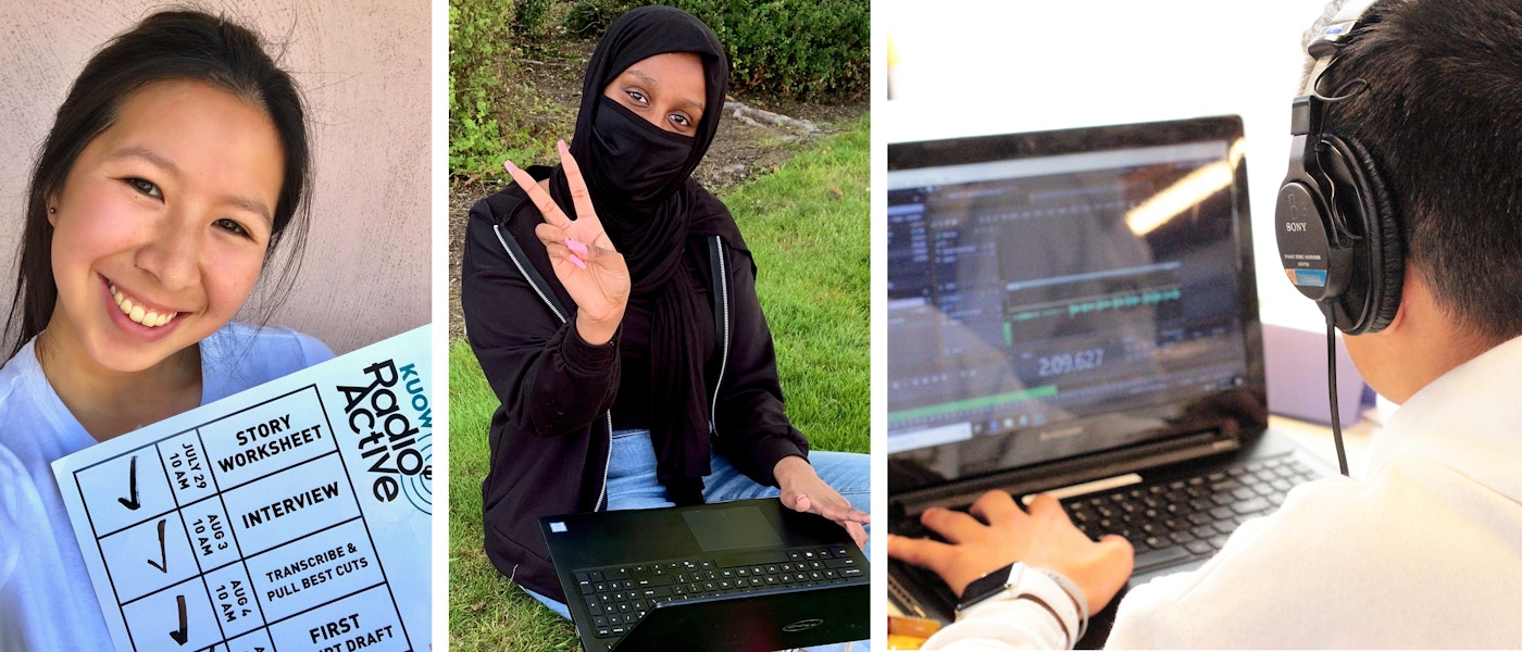 caption: Left: Sarah Pham, a summer 2020 Online Intro Workshop participant, holds up her Story Checklist. Middle: Adar Abdi, a summer 2020 Online Intro Workshop participant, edits audio on a laptop outside her house while wearing a mask. Right: Eriberto Saavedra Felix edits audio using Adobe Audition software during the 2019 Intro Workshop. 
