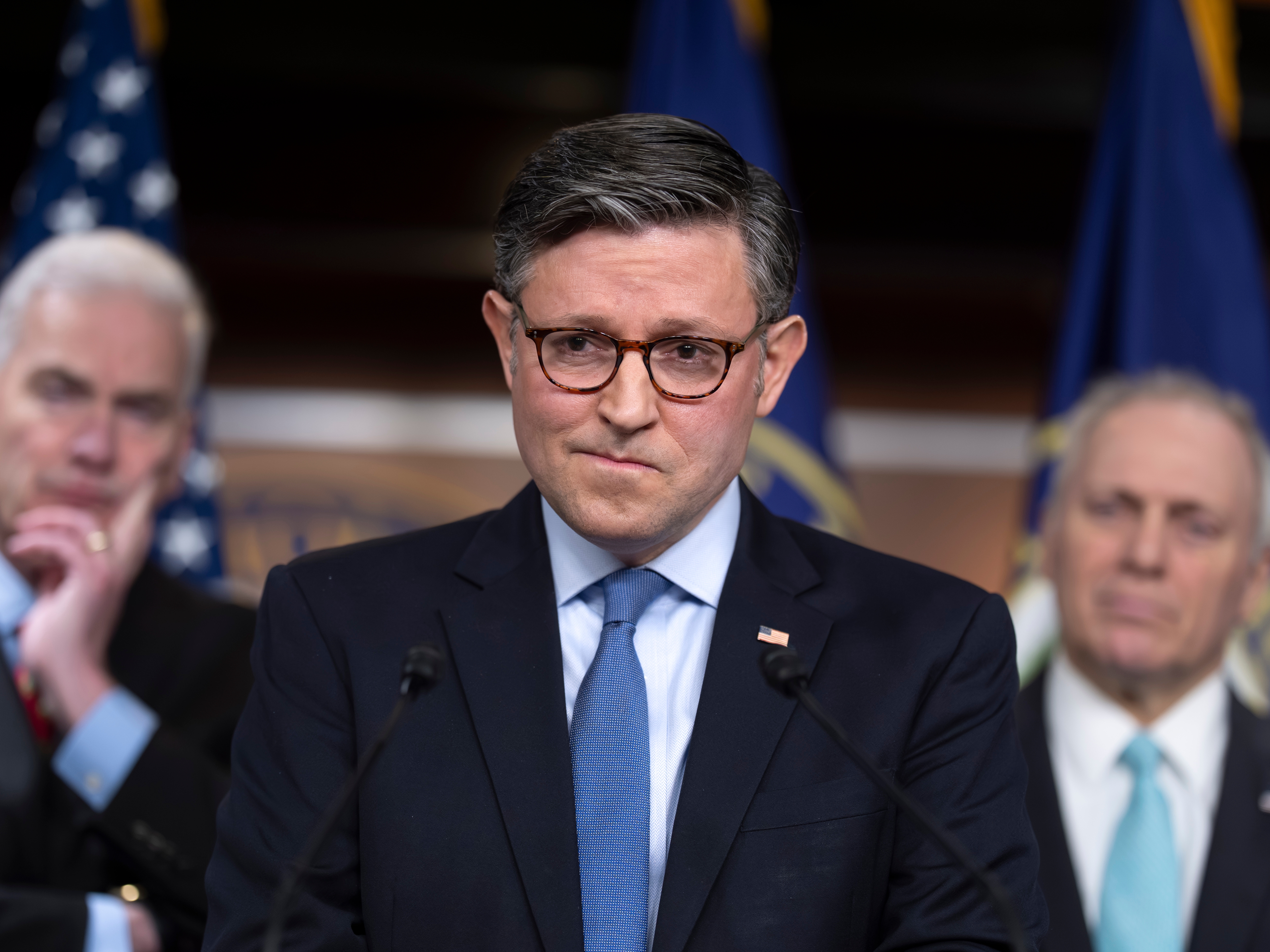 caption: Speaker of the House Mike Johnson, R-La., meets with reporters as Republicans struggle with a plan to address growing health care costs, at the Capitol on Dec. 16, 2025.