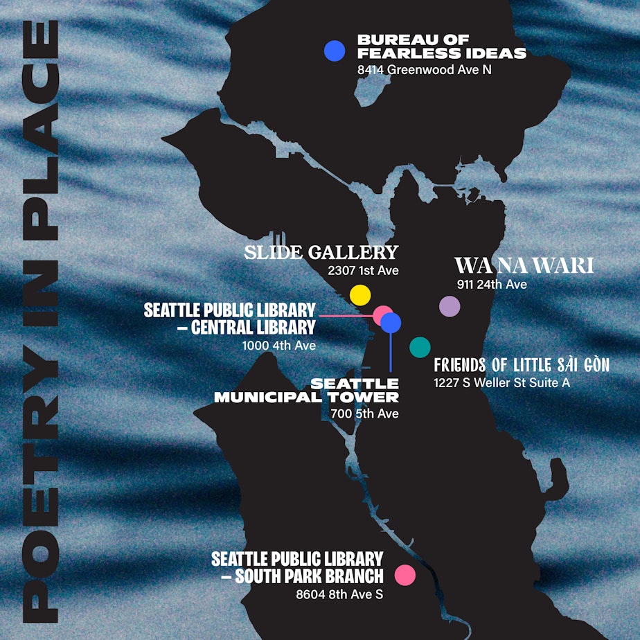 caption: A map of Seattle with the locations of various poetry in place installations.