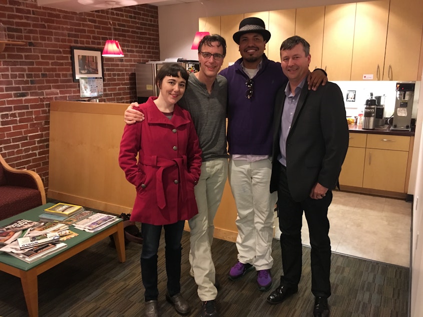 caption: 'Week in Review' panel Erica C. Barnett, Bill Radke, Gyasi Ross and Matt Manweller.