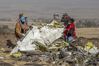 caption: Rescuers work at the scene of the Ethiopian Airlines 737 Max crash south of Addis Ababa, Ethiopia last year.