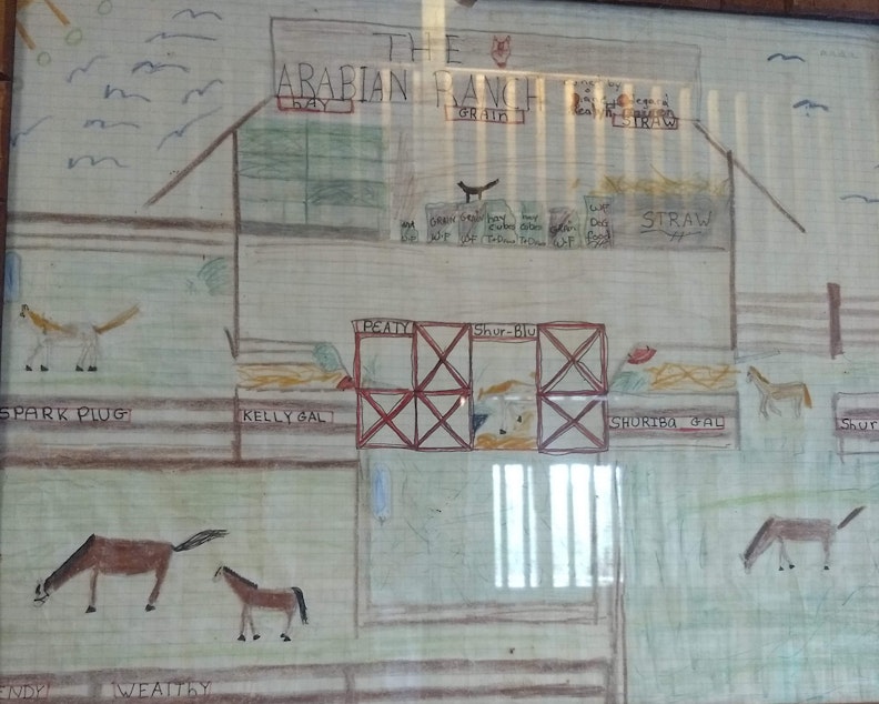 caption: Diane Gockel drew this picture of her dream farm when she was a child. 