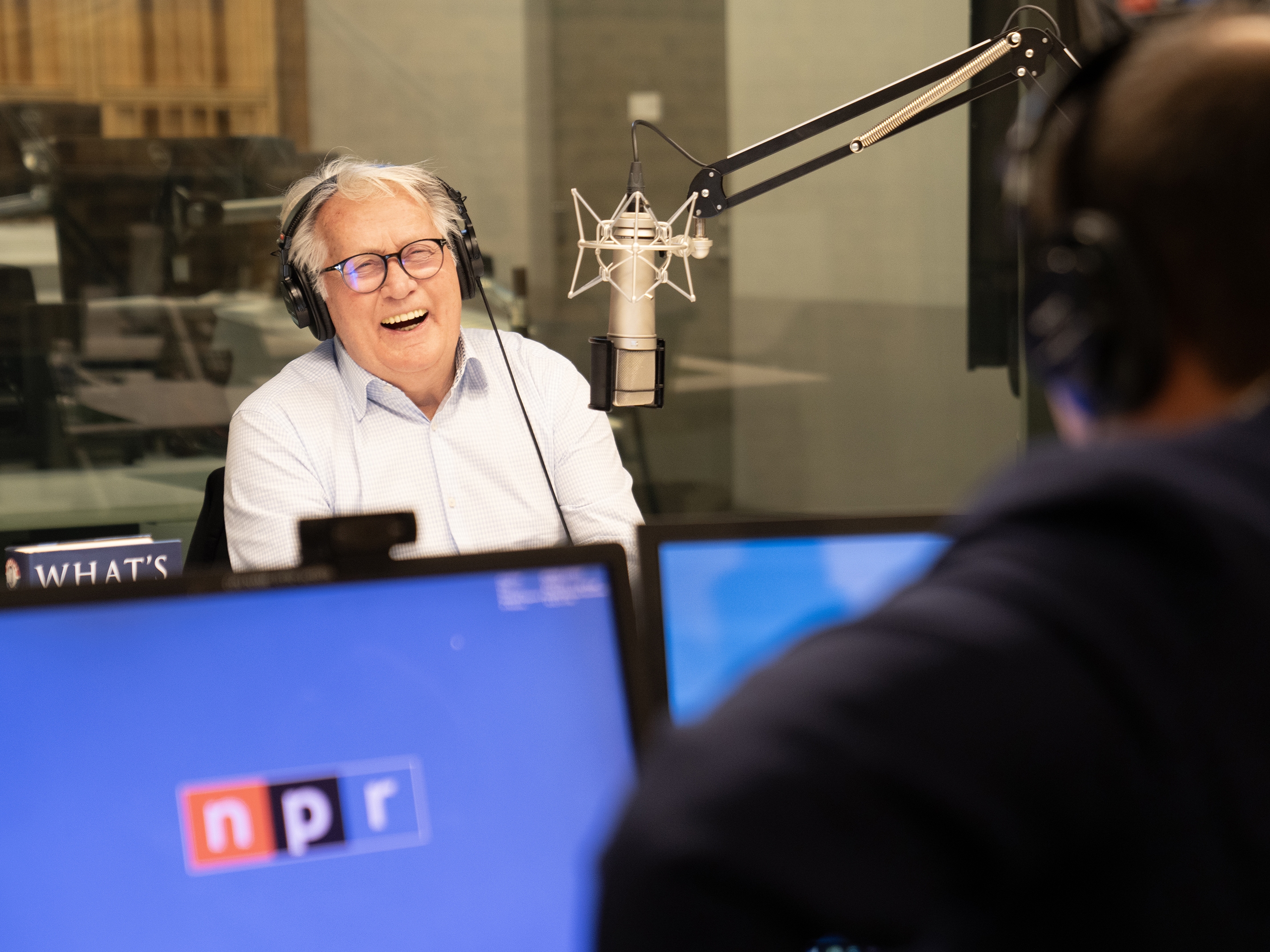 caption: Martin Sheen, who played President Jed Bartlet in <em>The West Wing</em>, in conversation with <em>All Things Considered</em> host Scott Detrow in the NPR studios.