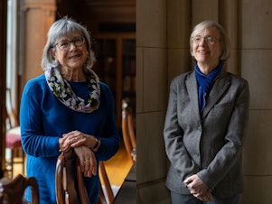 caption: Scholars Susan Ashbrook Harvey, left, and Robin Darling Young became 'sworn siblings' after an ancient ritual at the Church of the Holy Sepulchre in Jerusalem.