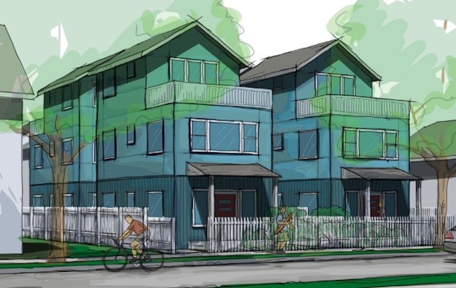caption: A rendering of what four freestanding homes on a 5,000 square foot property would look like from the street. Seattle's inclusion of this model in its growth plan is intended to bring the city into compliance with Washington State's new "middle housing" law.