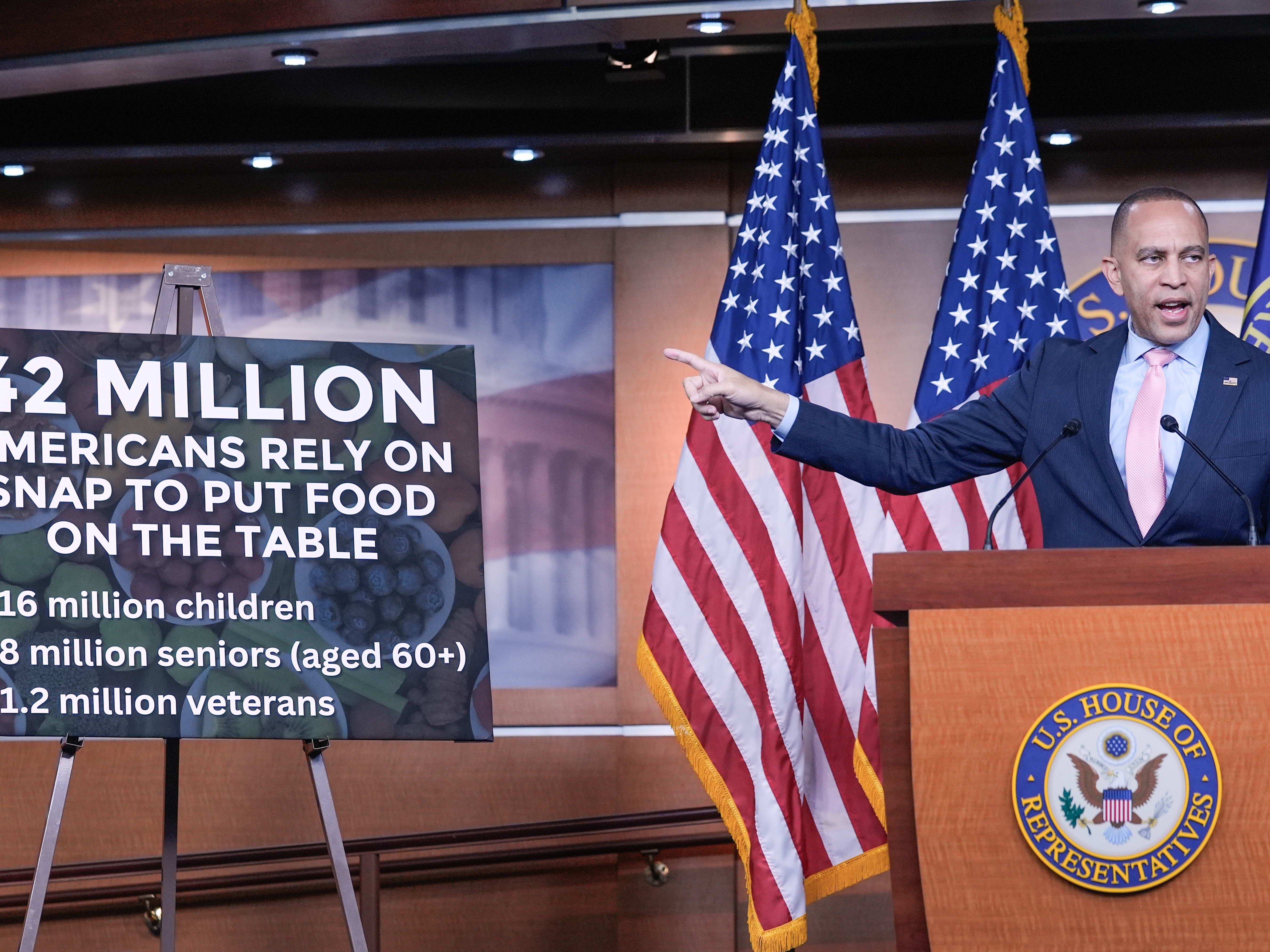 caption: House Minority Leader Hakeem Jeffries, D-N.Y., speaks during a news conference at the Capitol, Tuesday, Oct. 28, 2025, in Washington.