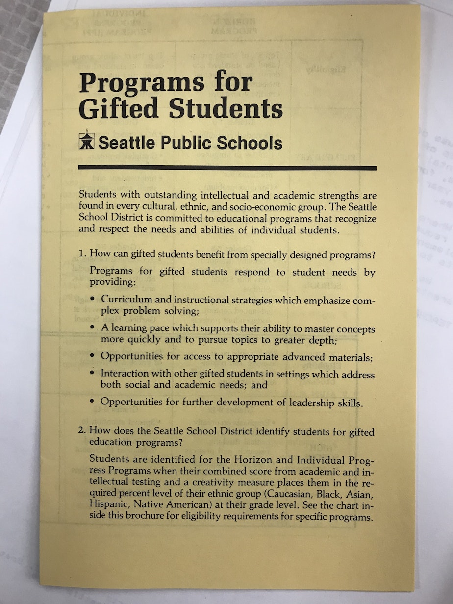 caption: A manual that explains how gifted students are selected for specialized programs within Seattle Public Schools. 