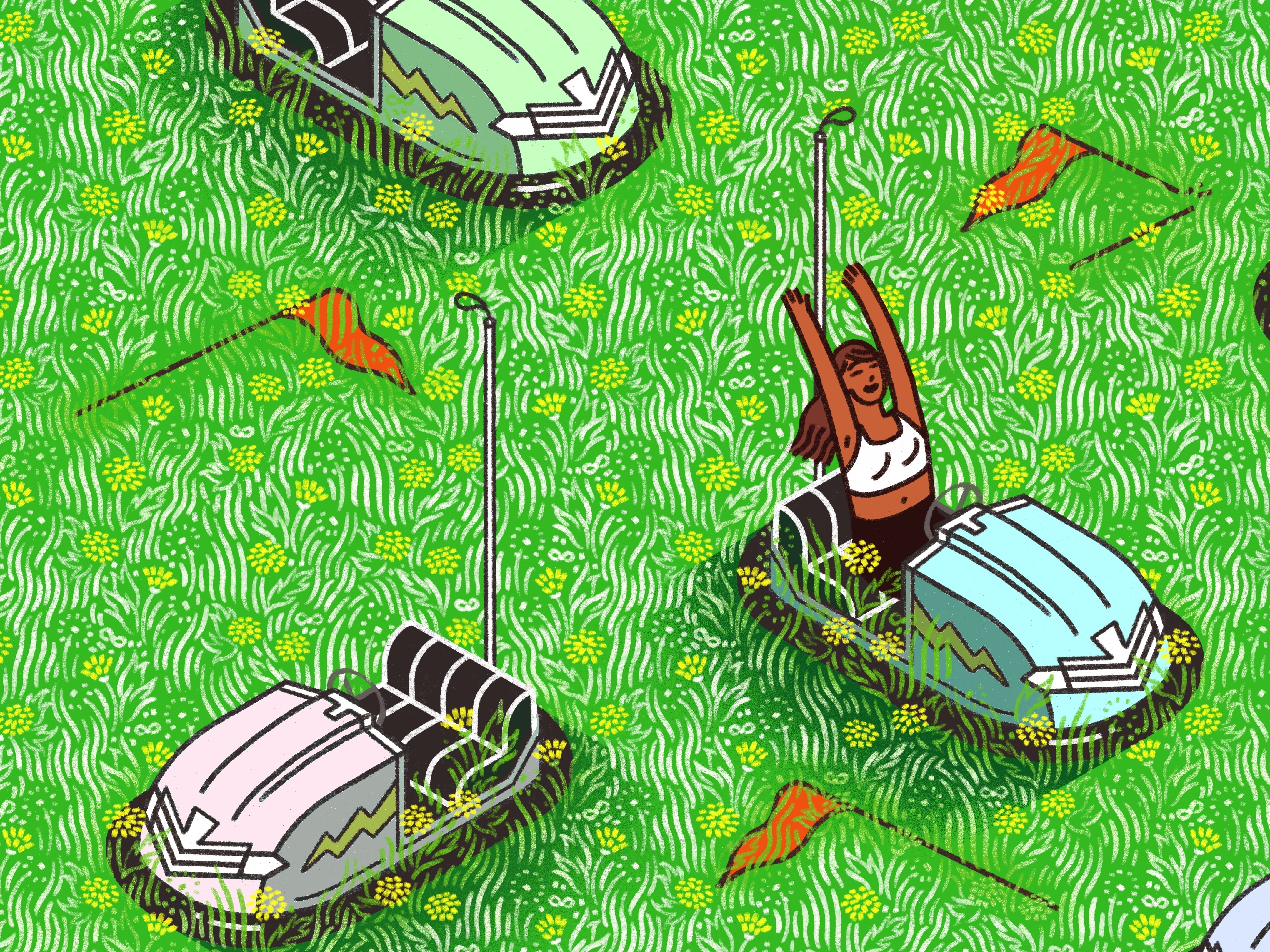 Abandoned bumper cars in an empty amusement park.