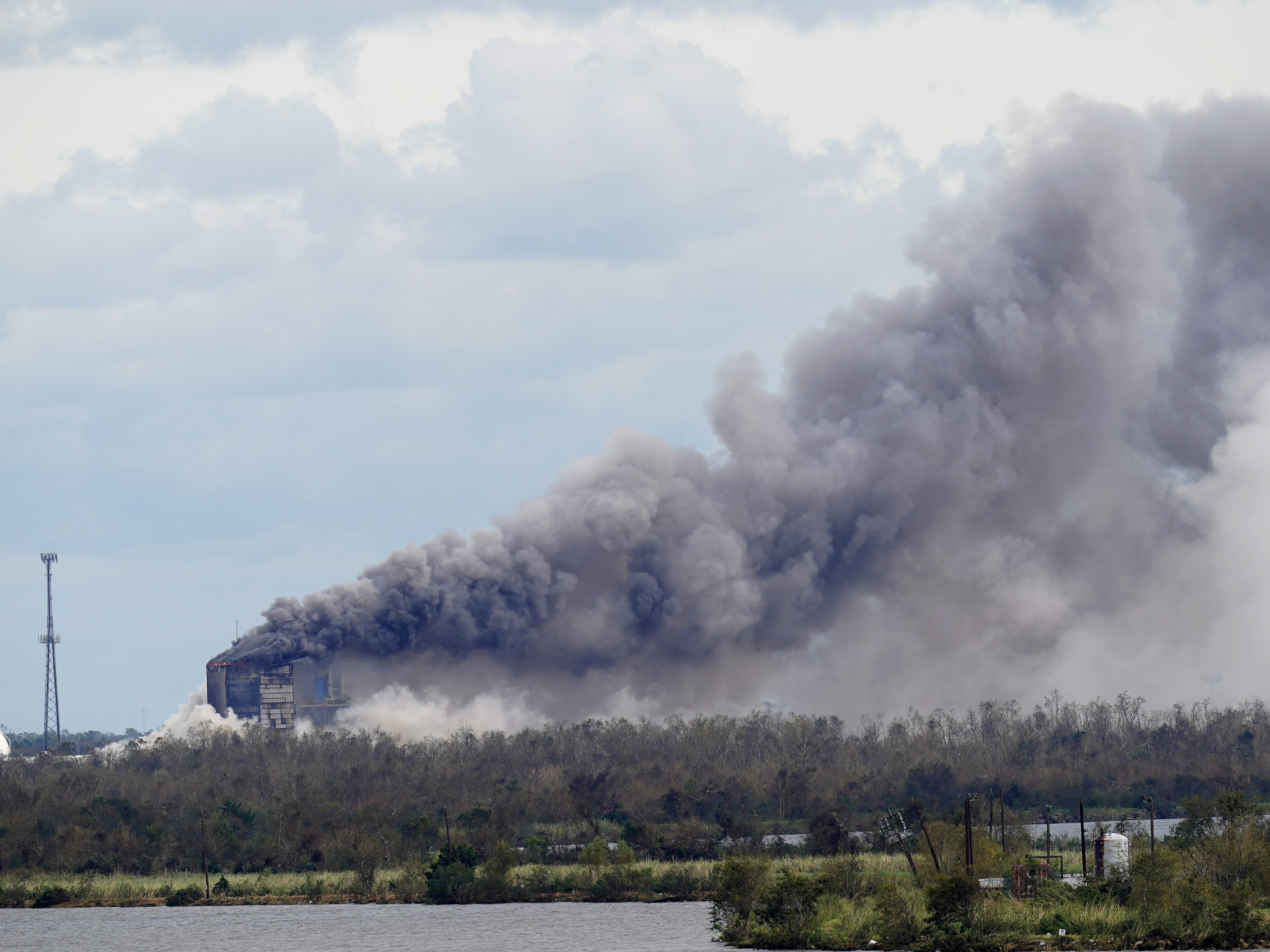 caption: Hurricane Laura caused a fire at a chemical plant owned by BioLab in Westlake, La. The plant manufactures chemicals for swimming pools.