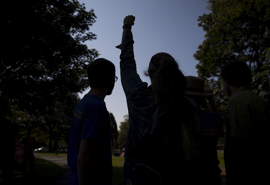 caption: A volunteer raises her fist in the air while a group portrait is taken before union members went door knocking on behalf of councilmember Kshama Sawant on Sunday, August 4, 2019, at Pratt Park in Seattle. 