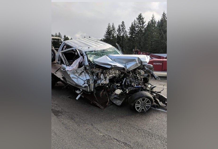 caption: Welder Blaine Wilmotte was riding in the front seat of this pickup when it collided with a fallen Amtrak rail car on I-5.