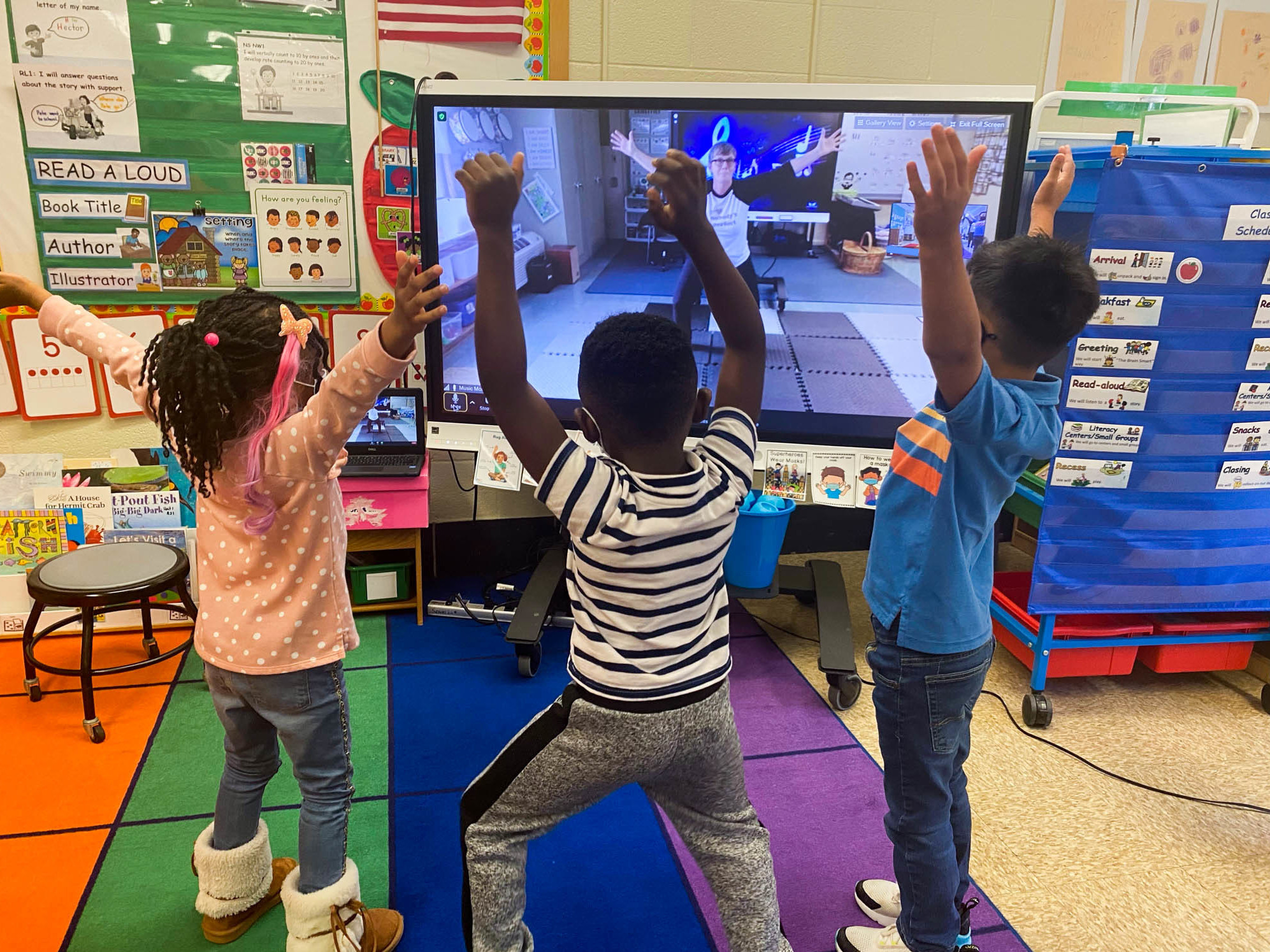 caption: Music therapist Monica Levin teaches via video conference at Frances Fuchs Early Childhood Center in Prince George's County, Maryland.