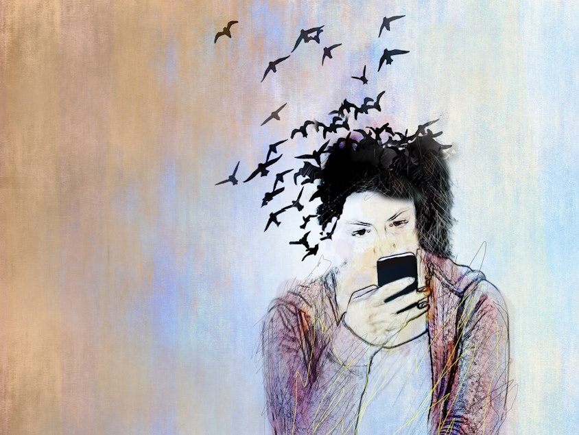 Conceptual illustration of a young woman on a smartphone her hair is turning into birds and flying away depicting loss of connection with the real world.