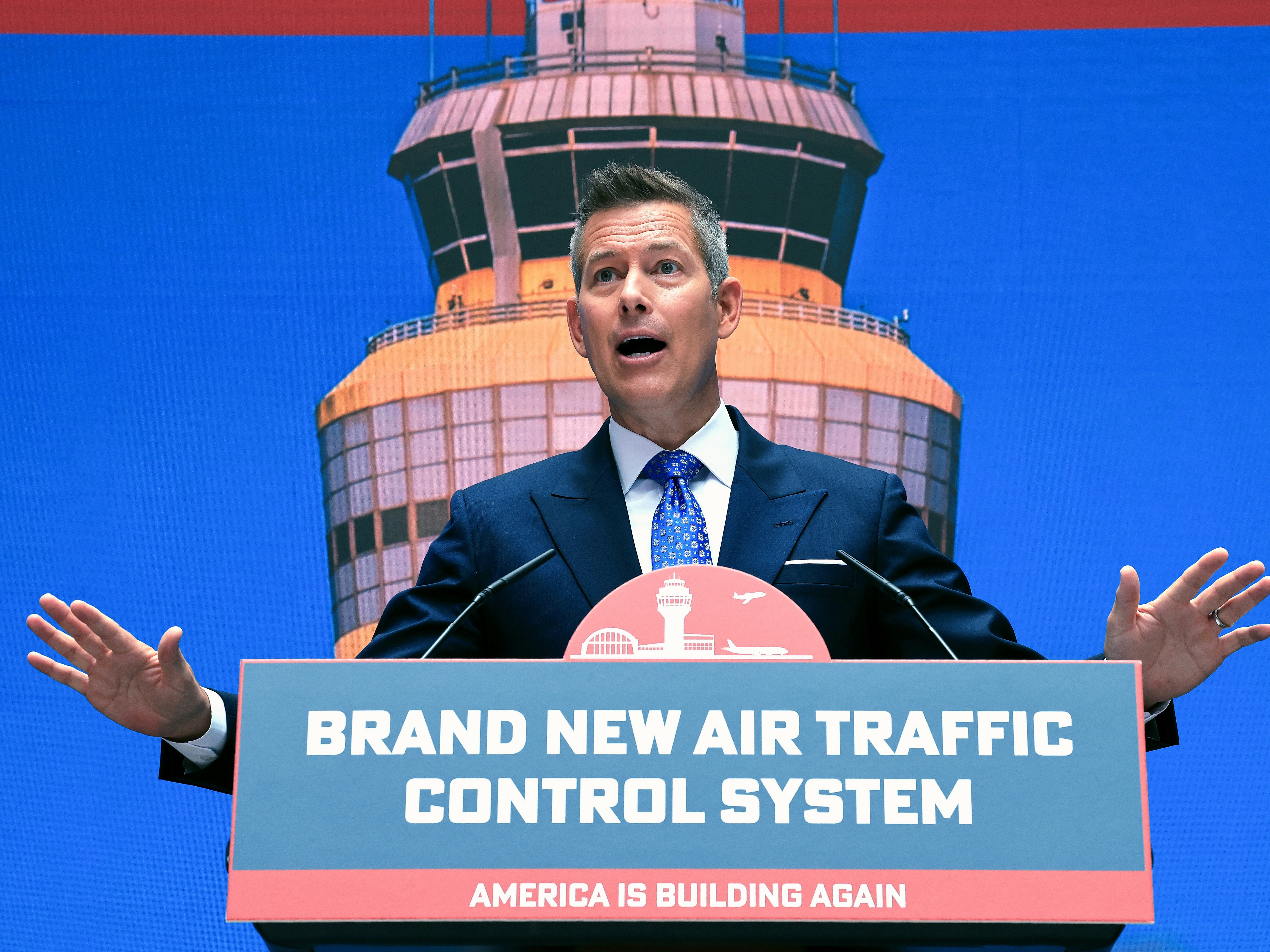 caption: U.S. Transportation Secretary Sean Duffy speaks at an event unveiling a new U.S. air traffic control system at the Department of Transportation on Thursday in Washington, D.C.