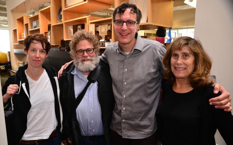 caption:  Grist's Katie Herzog, Crosscut's Knute Berger, KUOW's Bill Radke and Seattle Channel's Joni Balter in the KUOW offices on Friday, Aug. 28, 2015.