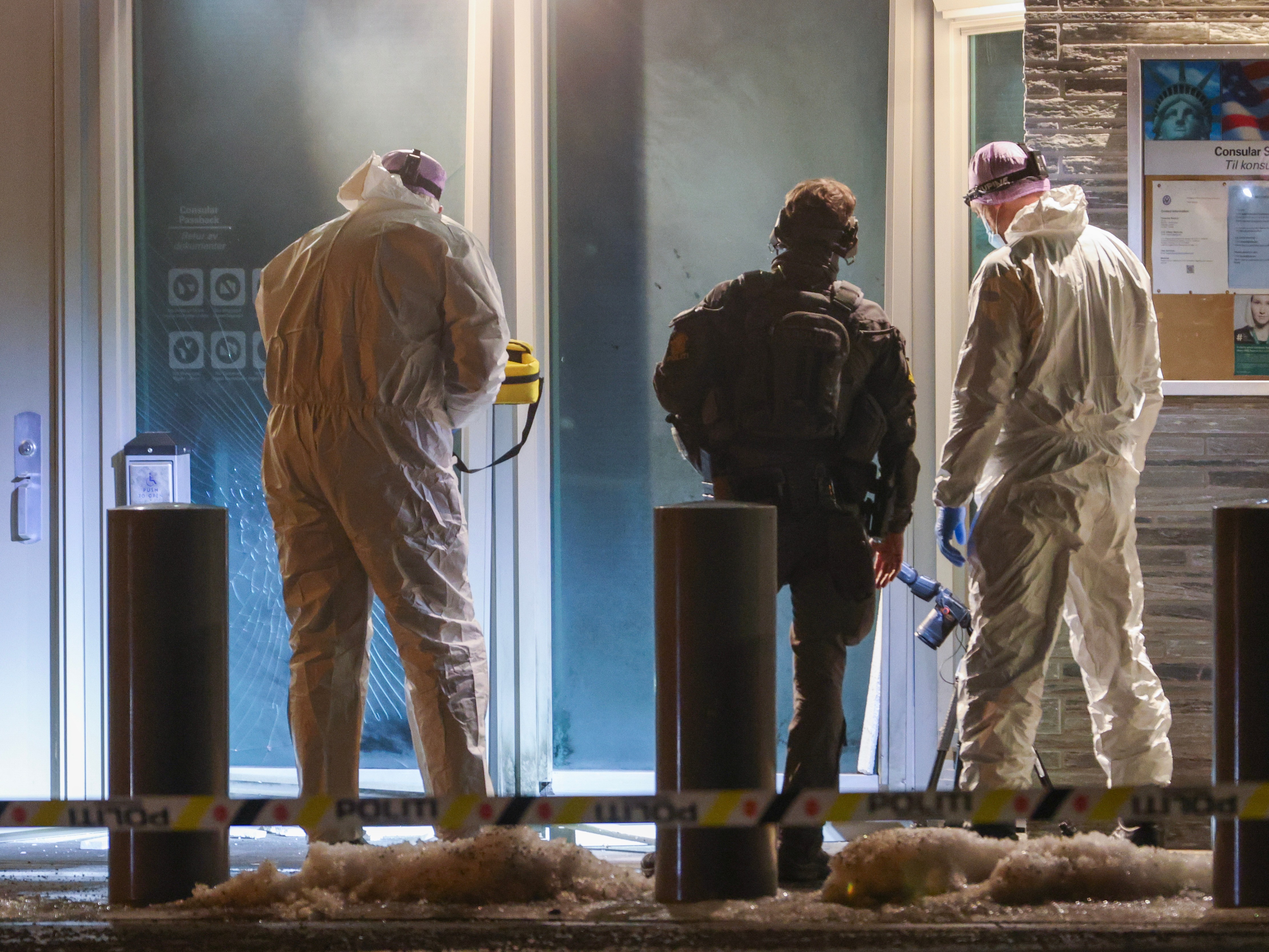caption: Norwegian police and technicians attend at the U.S. Embassy in Oslo, Norway Sunday, March 8, 2026.