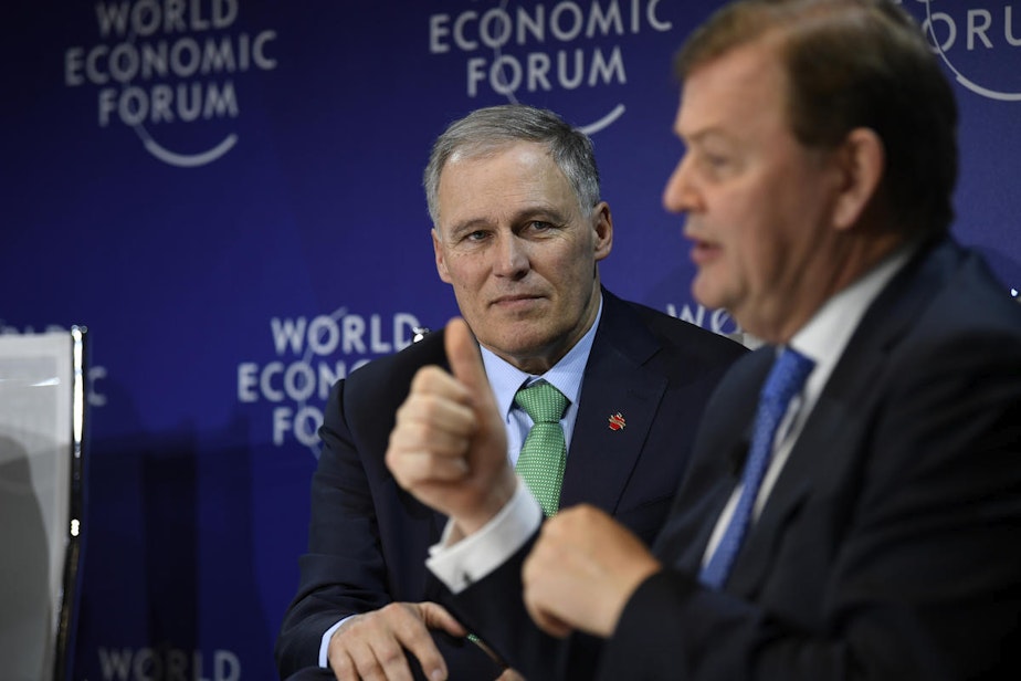 caption: Gov. Jay Inslee traveled to Davos, Switzerland for the World Economic Forum early this year.
