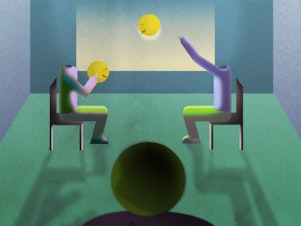 Two bodies tossing two heads to each other, in a therapist's office.