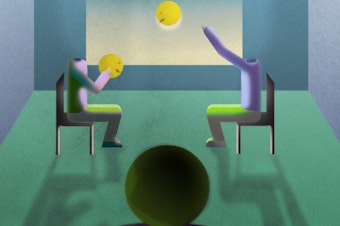 Two bodies tossing two heads to each other, in a therapist's office.