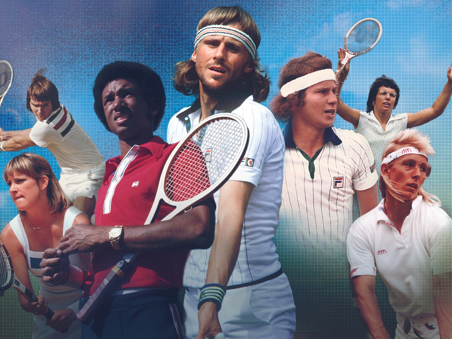 caption: From left, Chris Evert, Jimmy Connors, Arthur Ashe, Bjorn Borg, John McEnroe, Billie Jean King and Martina Navratilova all feature in new documentary series, <em>Gods of Tennis.</em>